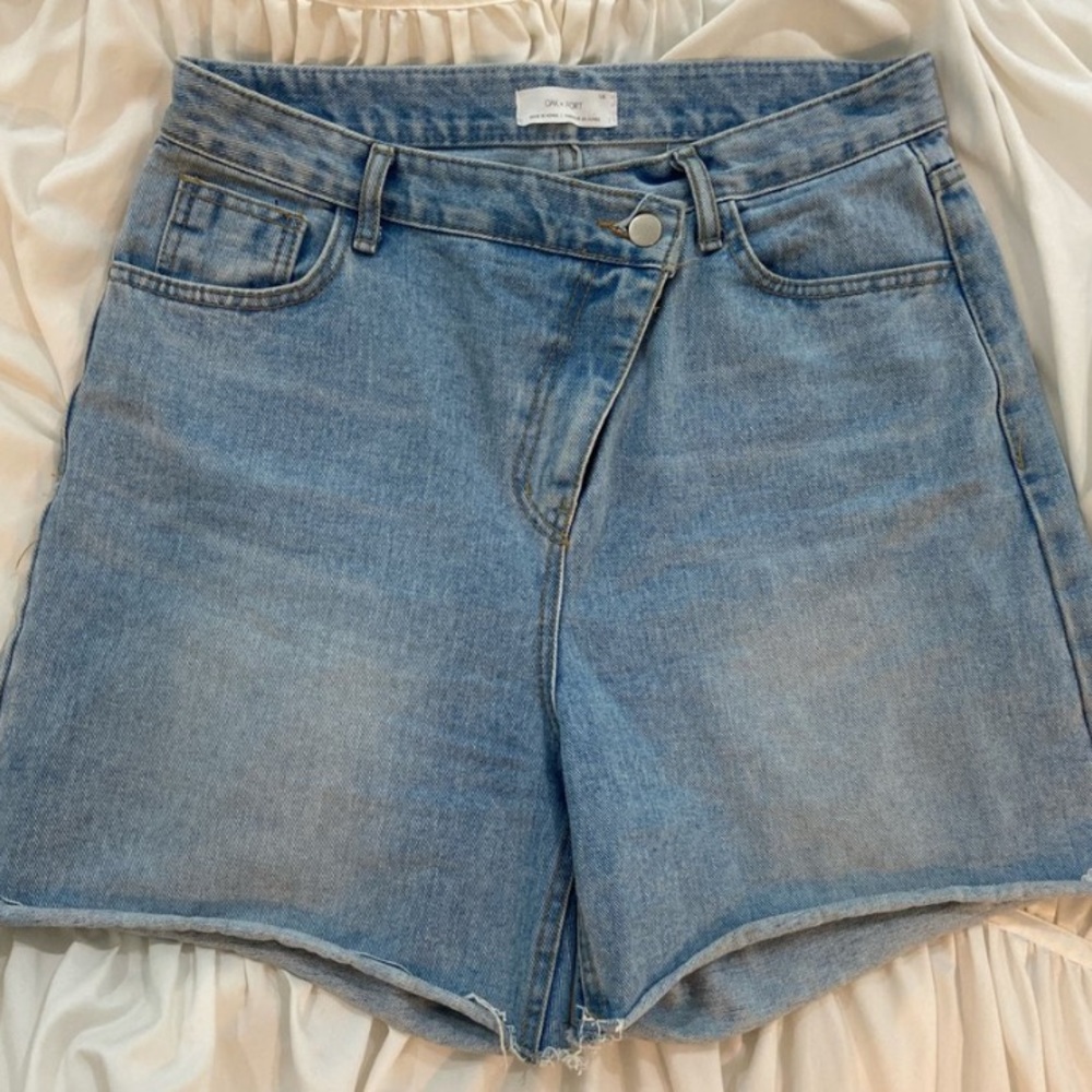 Oak + Fort Asymmetrical High Waisted Denim Shorts